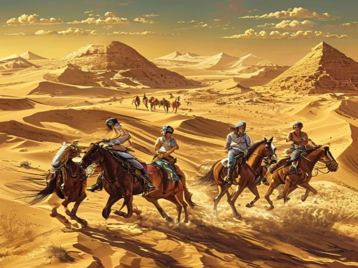 مجموعة من المراهقين يركبون الخيل على مسار تاريخي في مصر مع خرائط في أيديهم