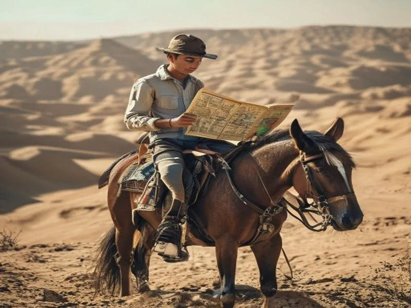 مراهق يقرأ خريطة أثناء الركوب في منظر طبيعي مصري مفتوح